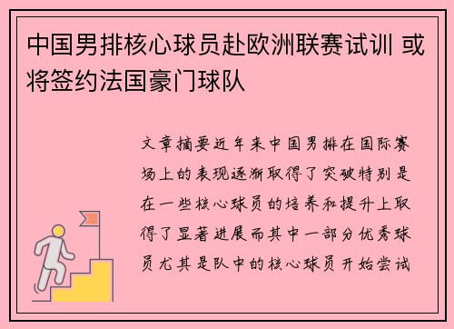 中国男排核心球员赴欧洲联赛试训 或将签约法国豪门球队