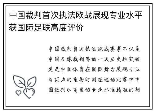 中国裁判首次执法欧战展现专业水平获国际足联高度评价